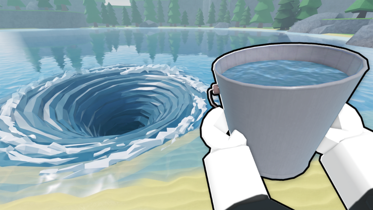 Drain the Lake official Roblox thumbnail showing a bucket and a draining lake whirlpool
